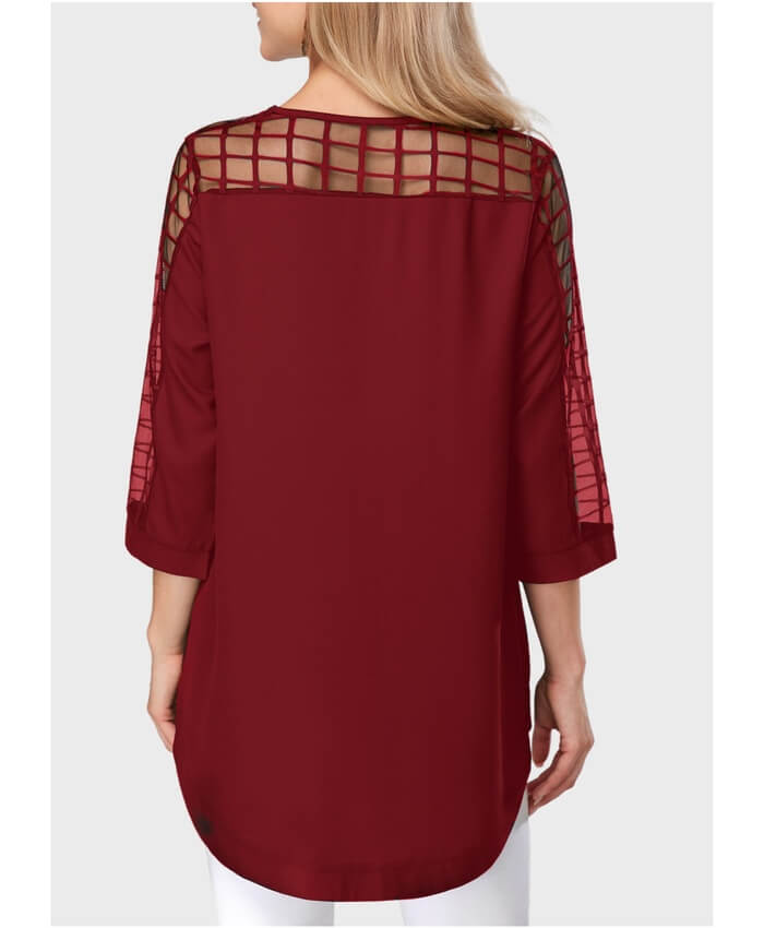 Asymmetric Hem Round Neck Mesh Panel Burgundy Blouse